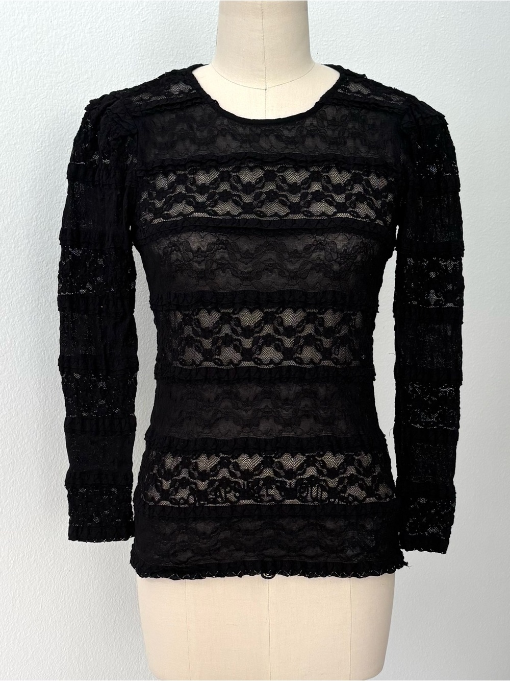 Zara Woman Black Striped Sheer Floral Lace Top NWT Long Sleeve Stretchy Size M